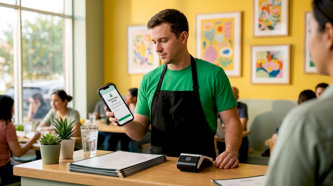 Server checking digital tips on phone