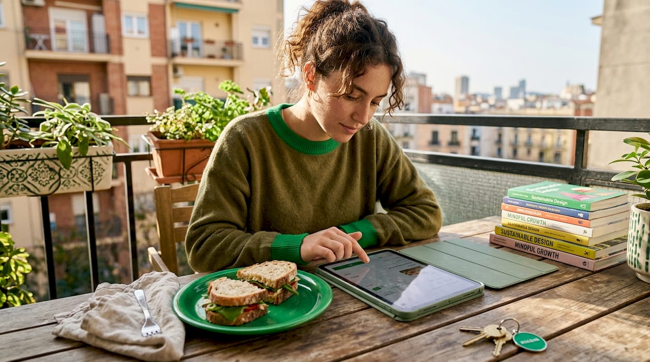 Person tips on app during typical morning