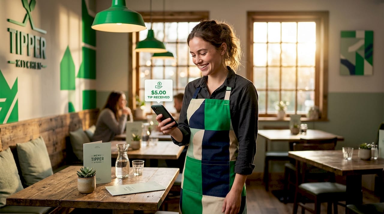 Smiling server viewing digital tip alert on phone