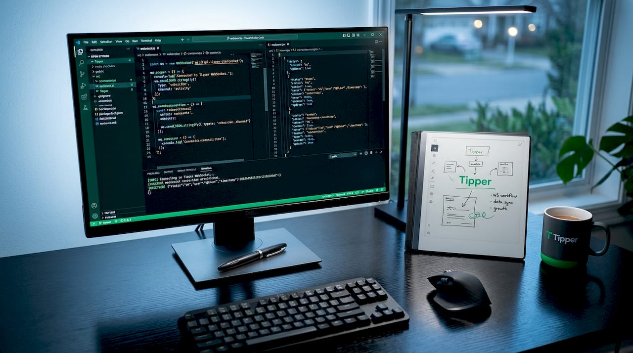 Developer coding WebSocket real-time tip notifications