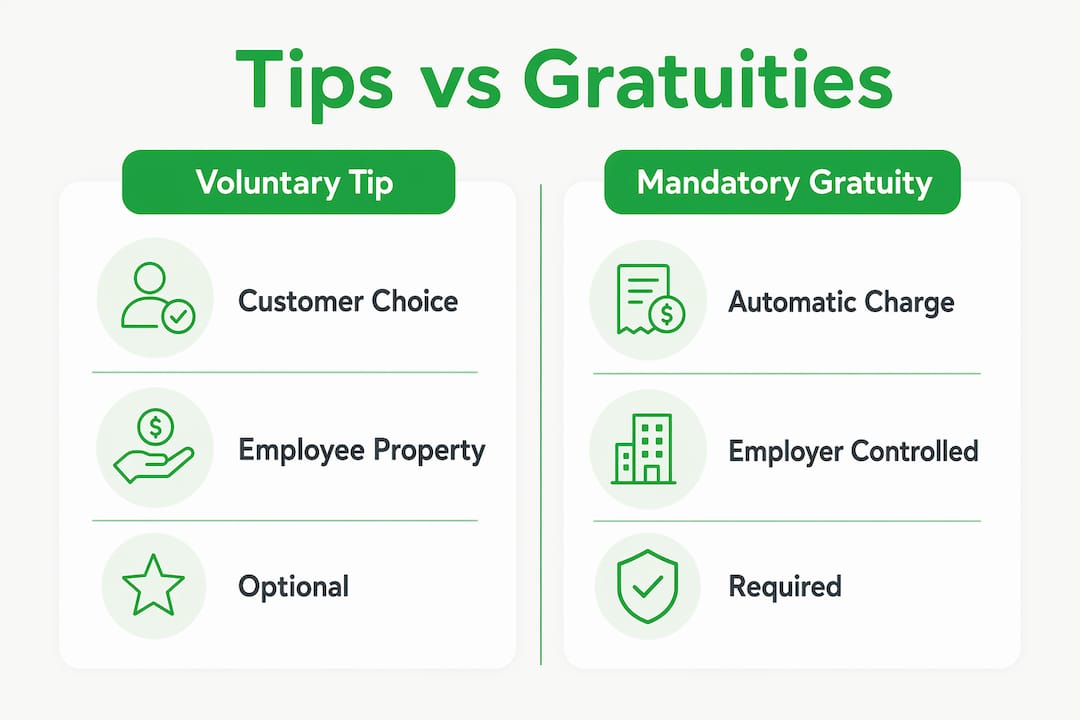 Infographic comparing voluntary tips and mandatory gratuities