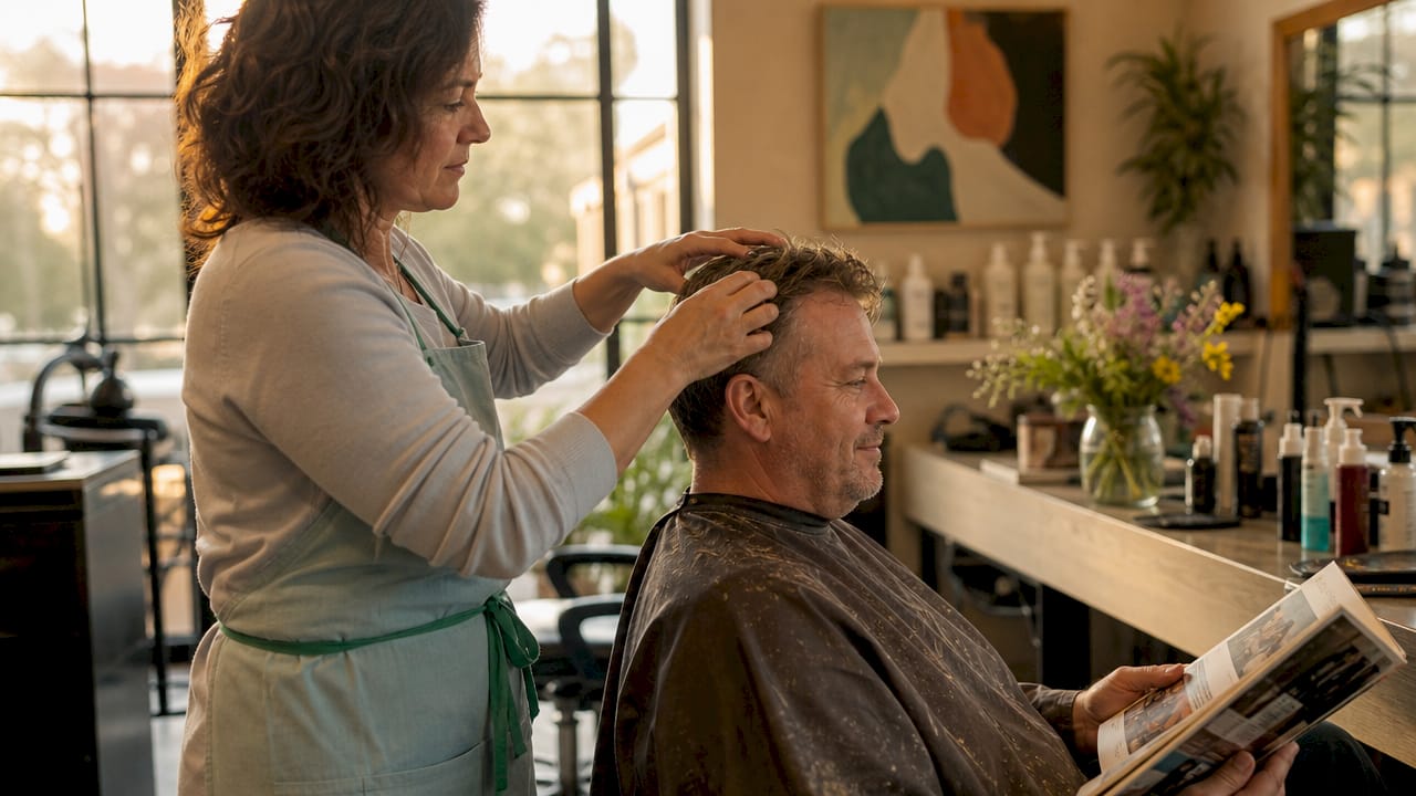 Hairstylist completing haircut with client
