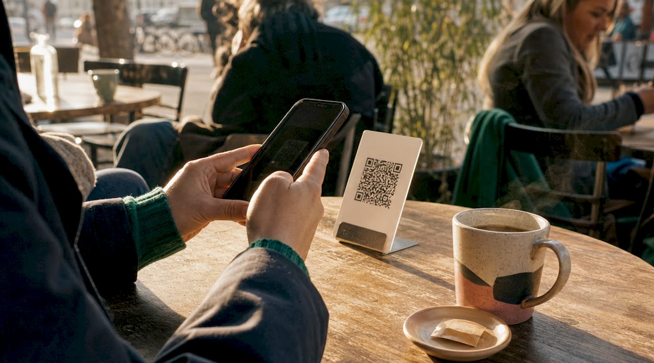 Customer scanning QR code on smartphone at table