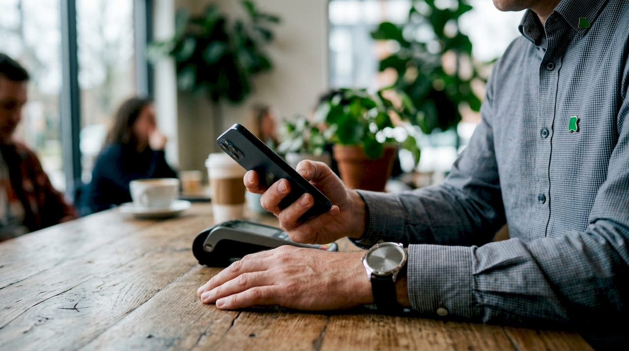 Hands holding iPhone using Tap to Pay