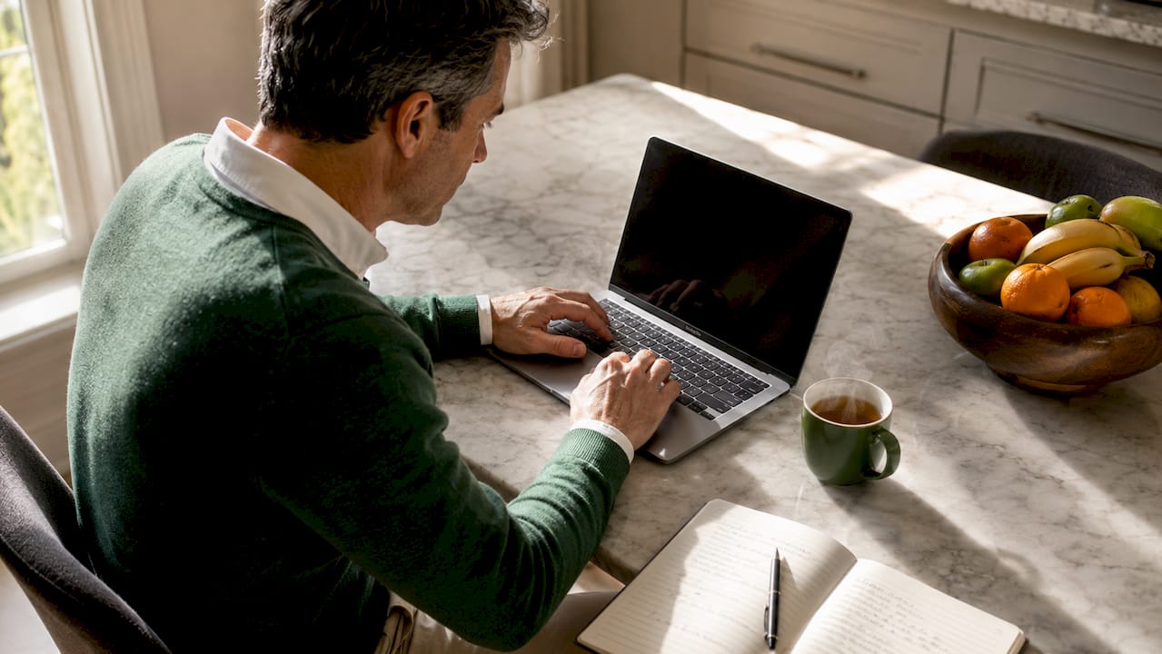 Man working on laptop adding tipping link to email signature