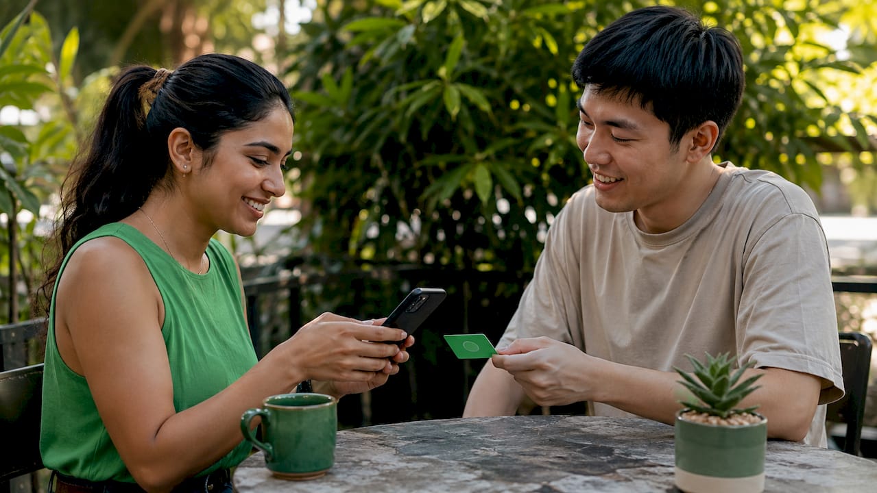 Overhead hands scanning NFC card for instant tip