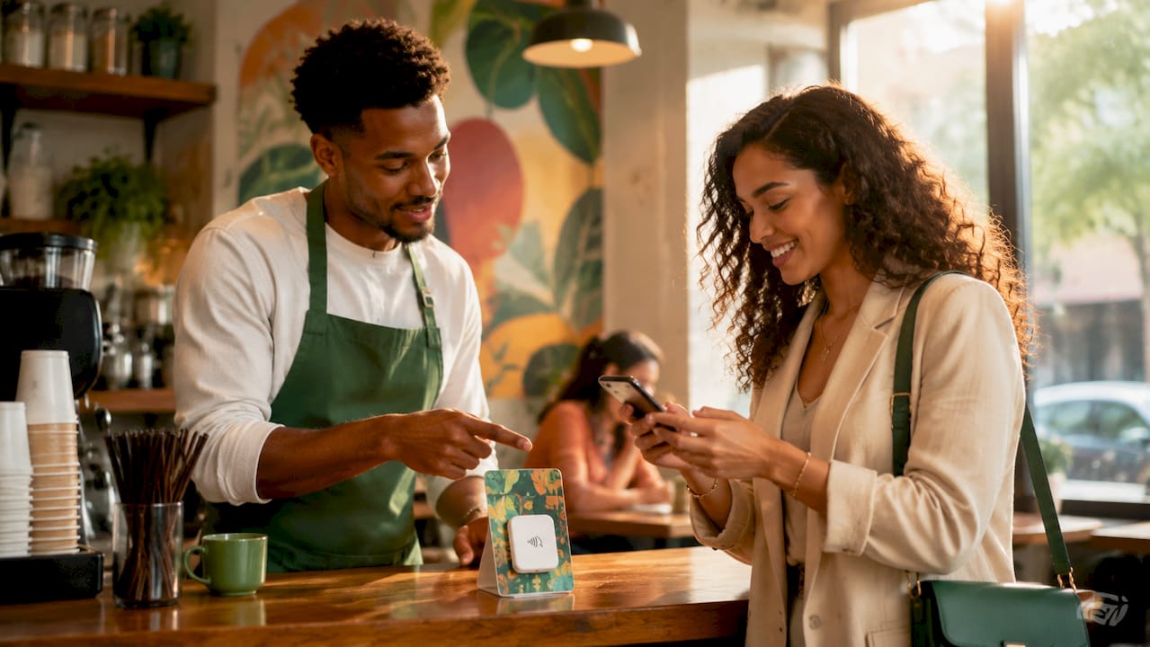 Barista assisting customer with app-less paylink