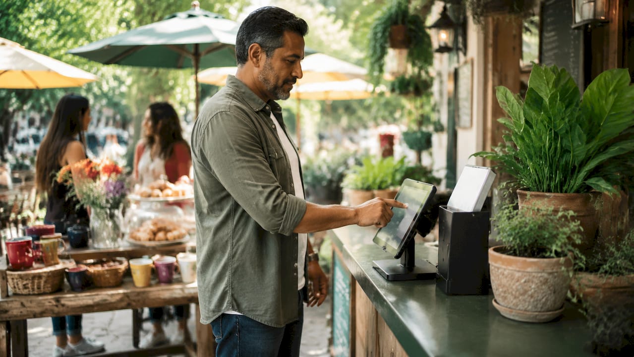 Hands selecting tip on retail POS terminal at coffee shop