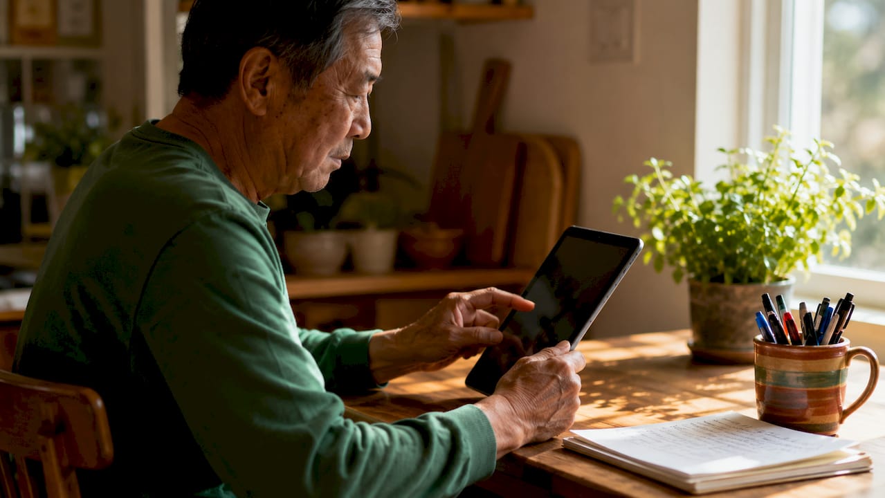 Senior man using tablet for digital tipping