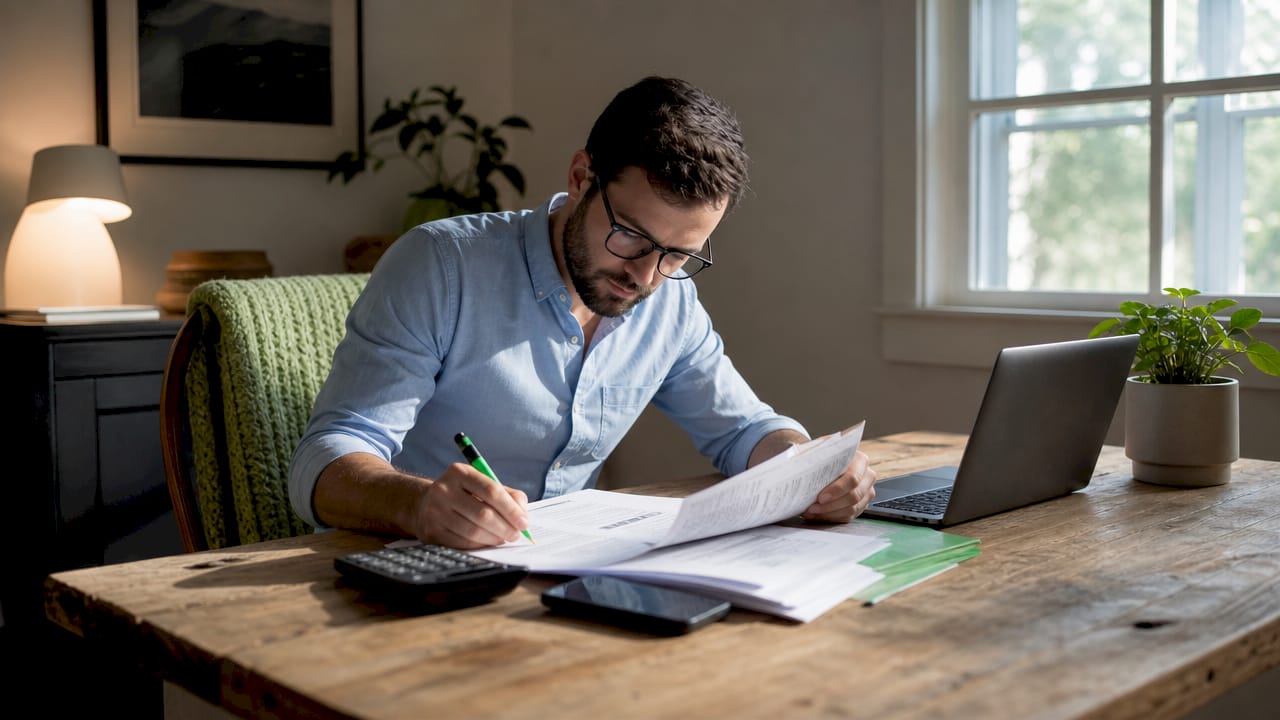 Hands reviewing platform fee documents and calculator