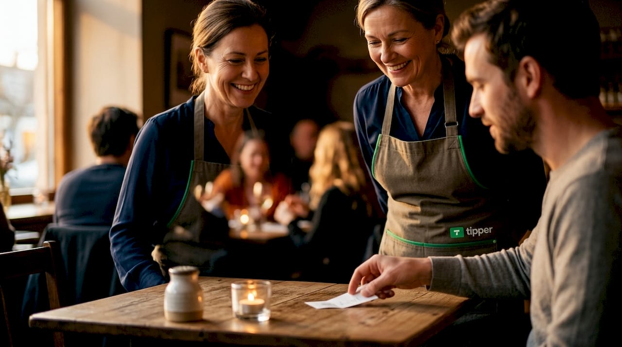 Server receiving tip at restaurant table