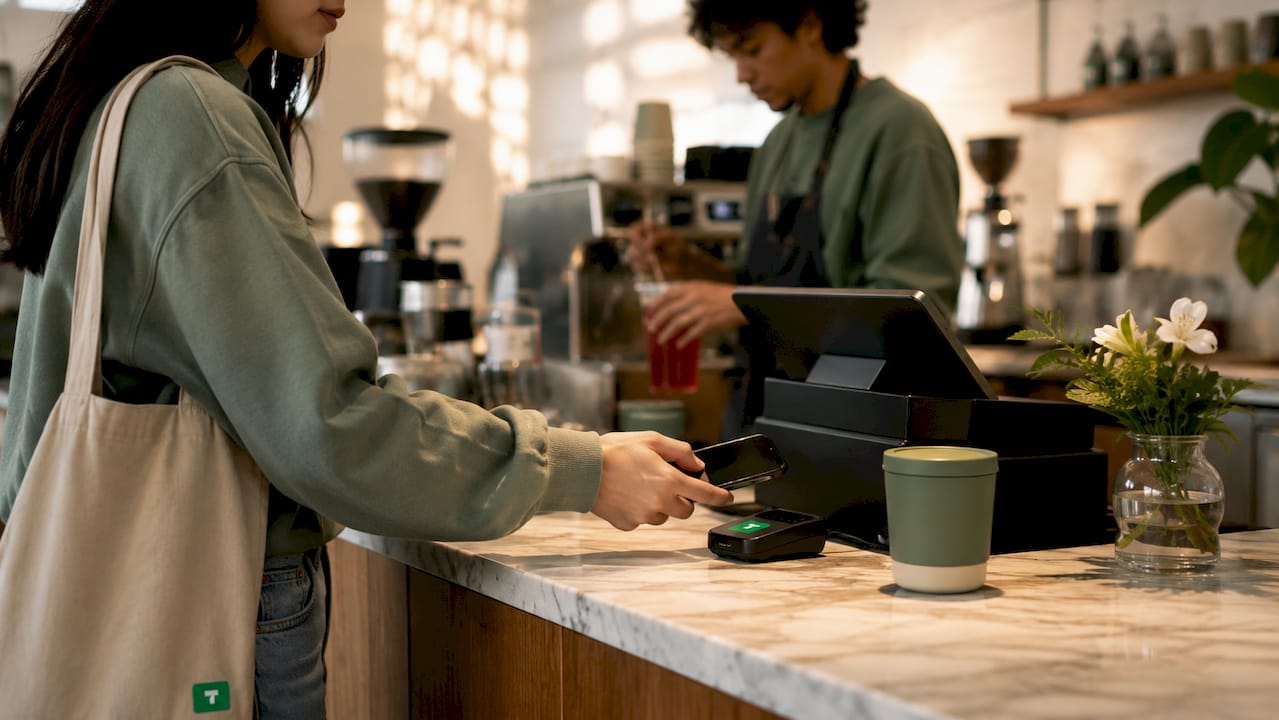 Customer tapping phone on NFC tip card