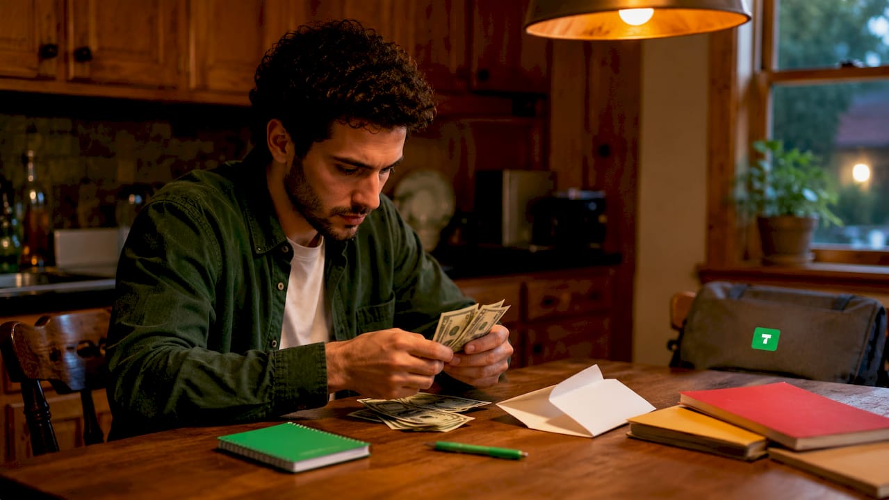 Overhead view of cash tips and digital tablet on desk