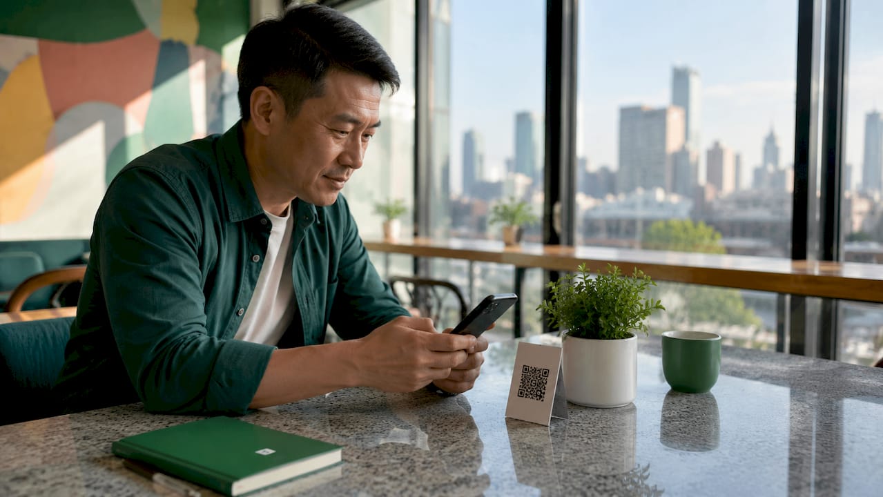 Hands scanning QR code for tipping payment