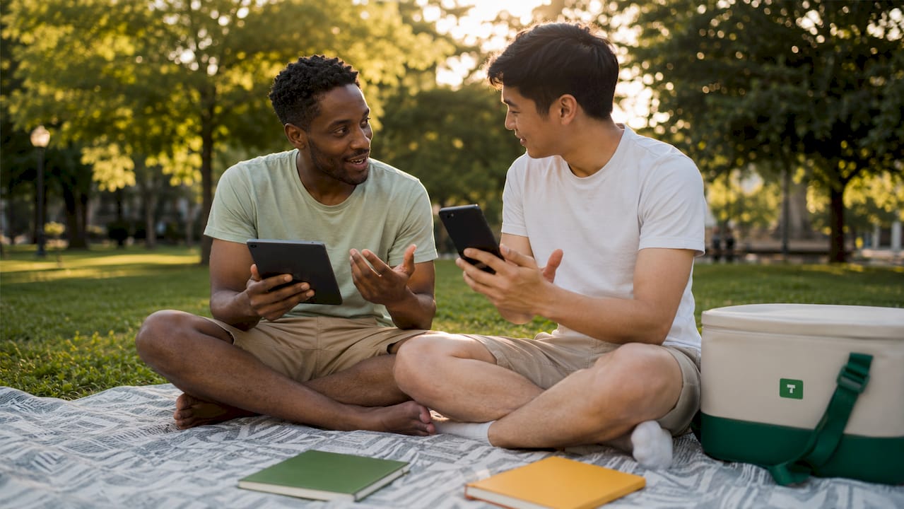 Two men comparing tipping platforms tablets