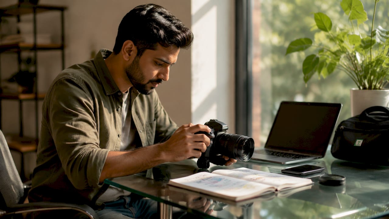 Hands adjusting DSLR camera settings over desk with tools