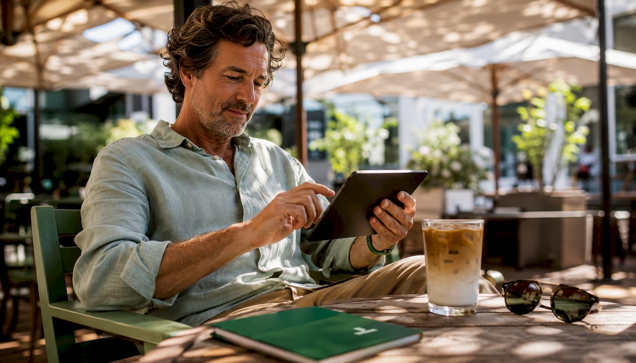 Male creator reviewing income streams on tablet in cafe