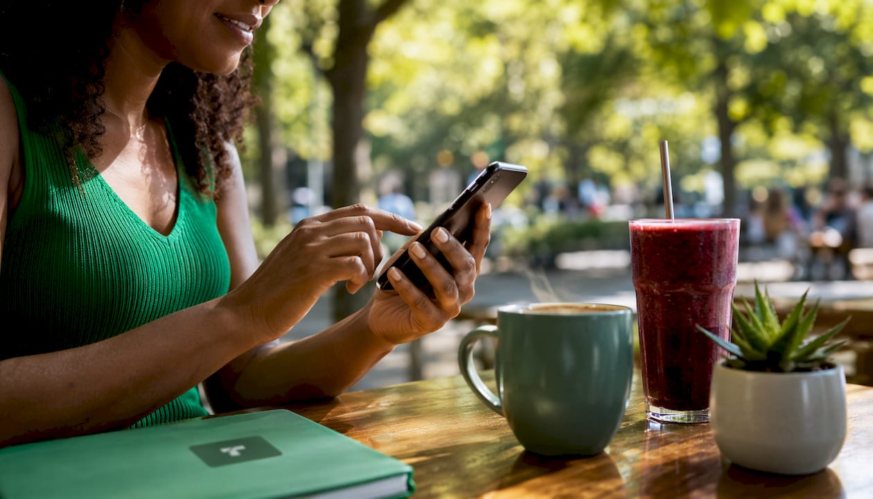 Hands using tipping platform on smartphone outdoors