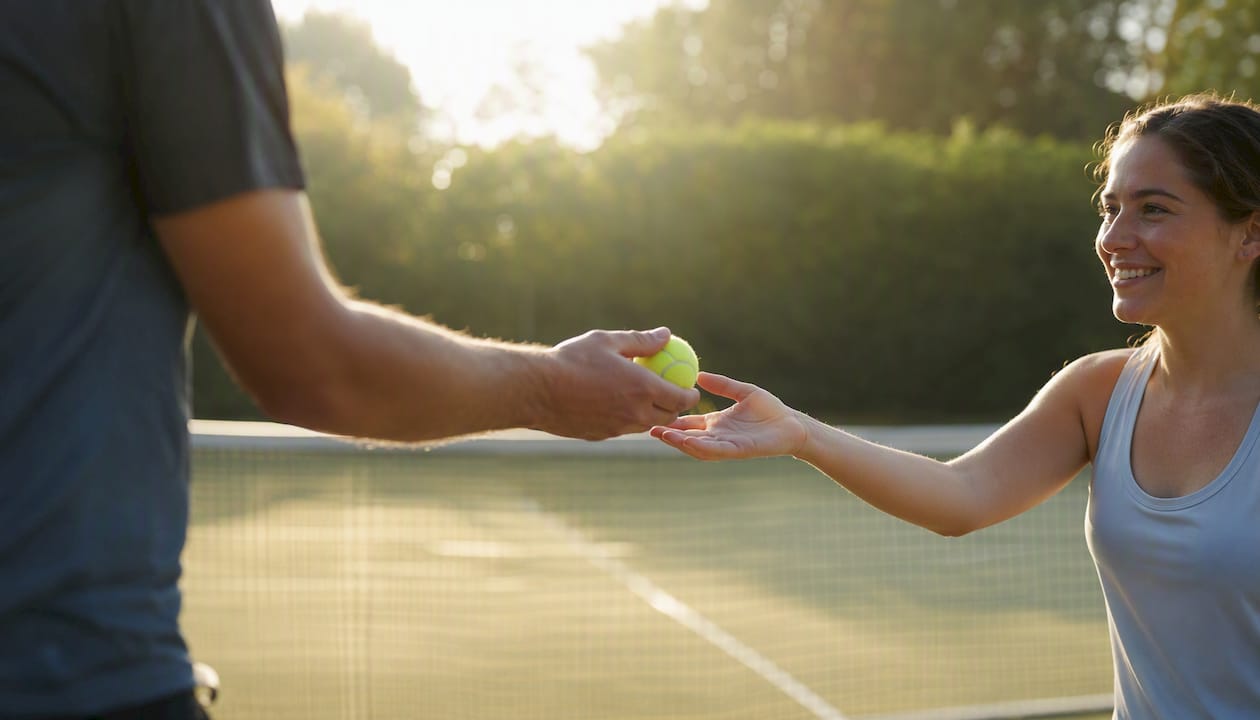 Two hands exchanging tennis ball midcourt