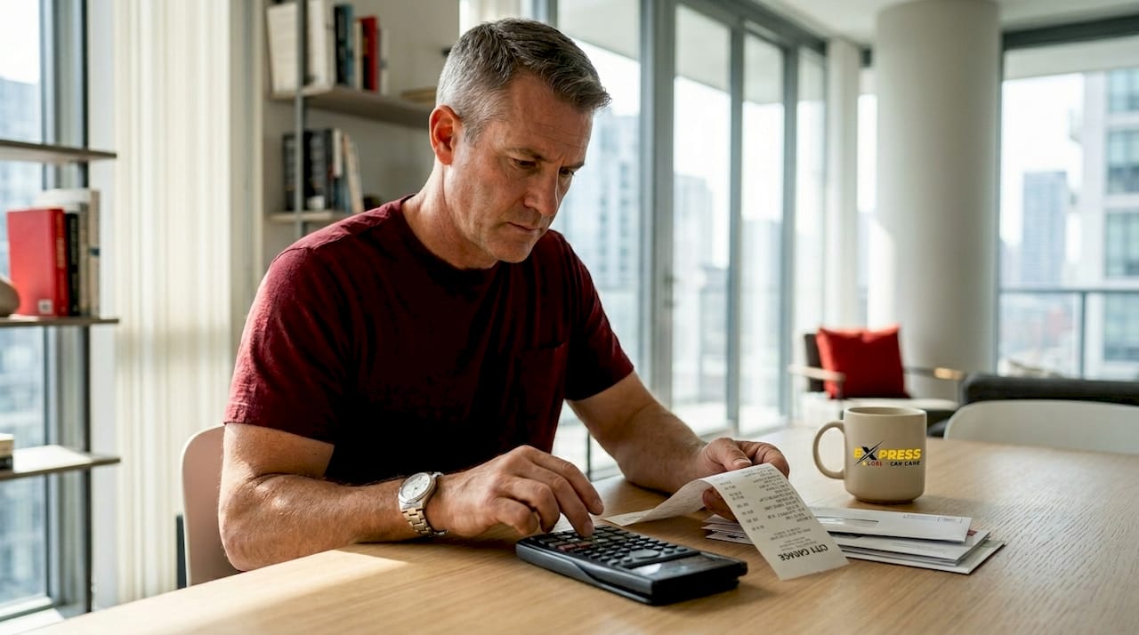 Veteran calculating oil change savings at home