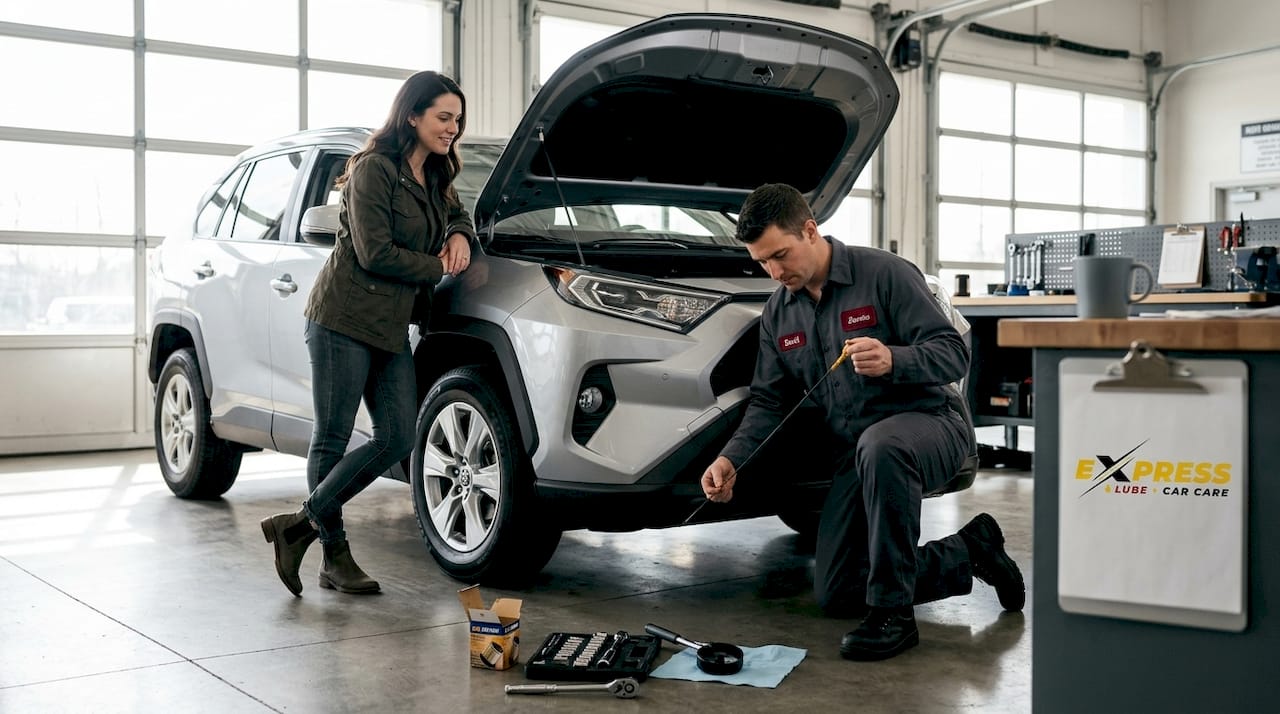 Mechanic doing oil change for first-time customer