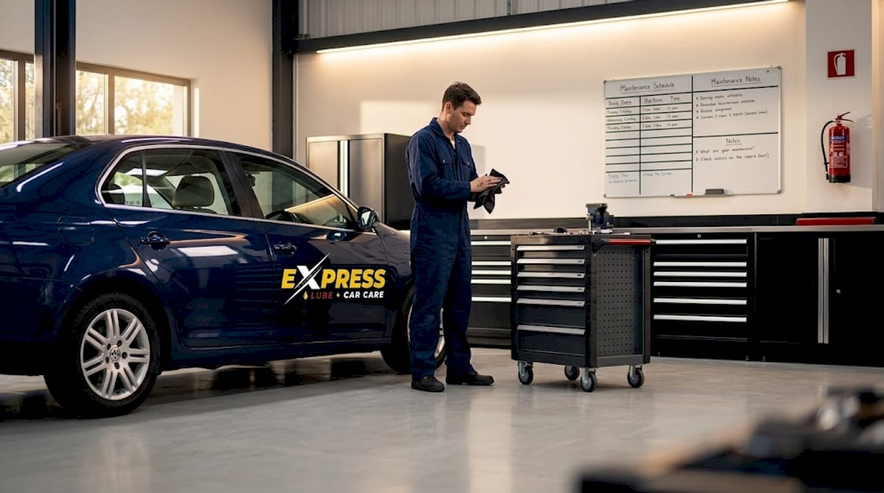 Mechanic wipes hands in tidy repair bay