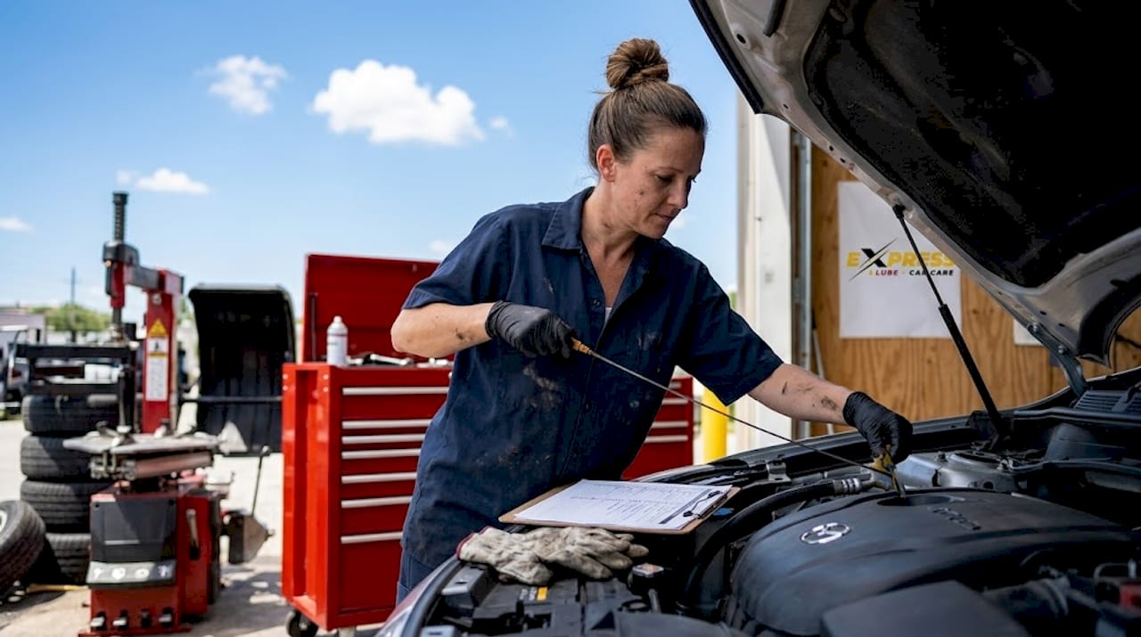 Mechanic checking fluids during express inspection