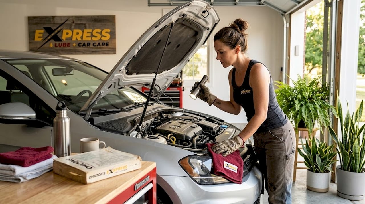 Car owner checking under hood in garage