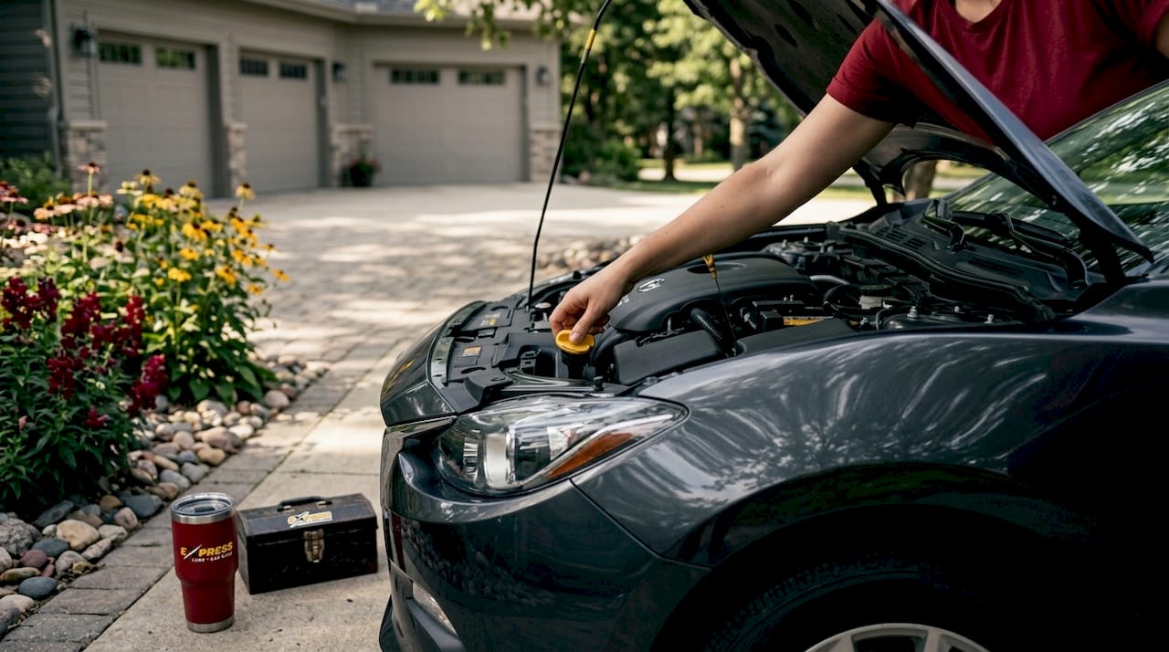 Woman checks oil cap after service