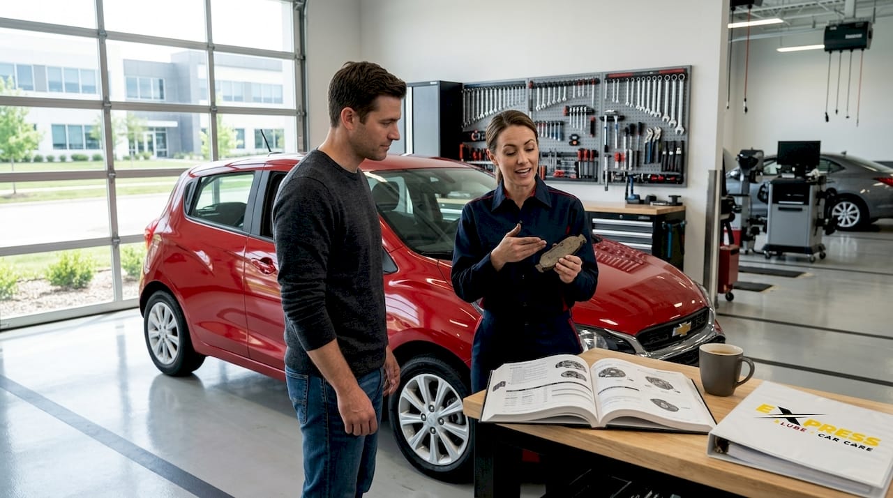 Mechanic talking with customer in repair bay