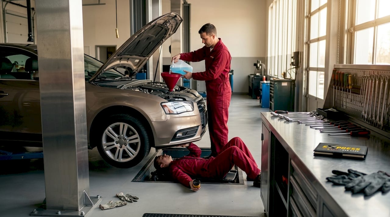 Quick lube technicians working on car in bay