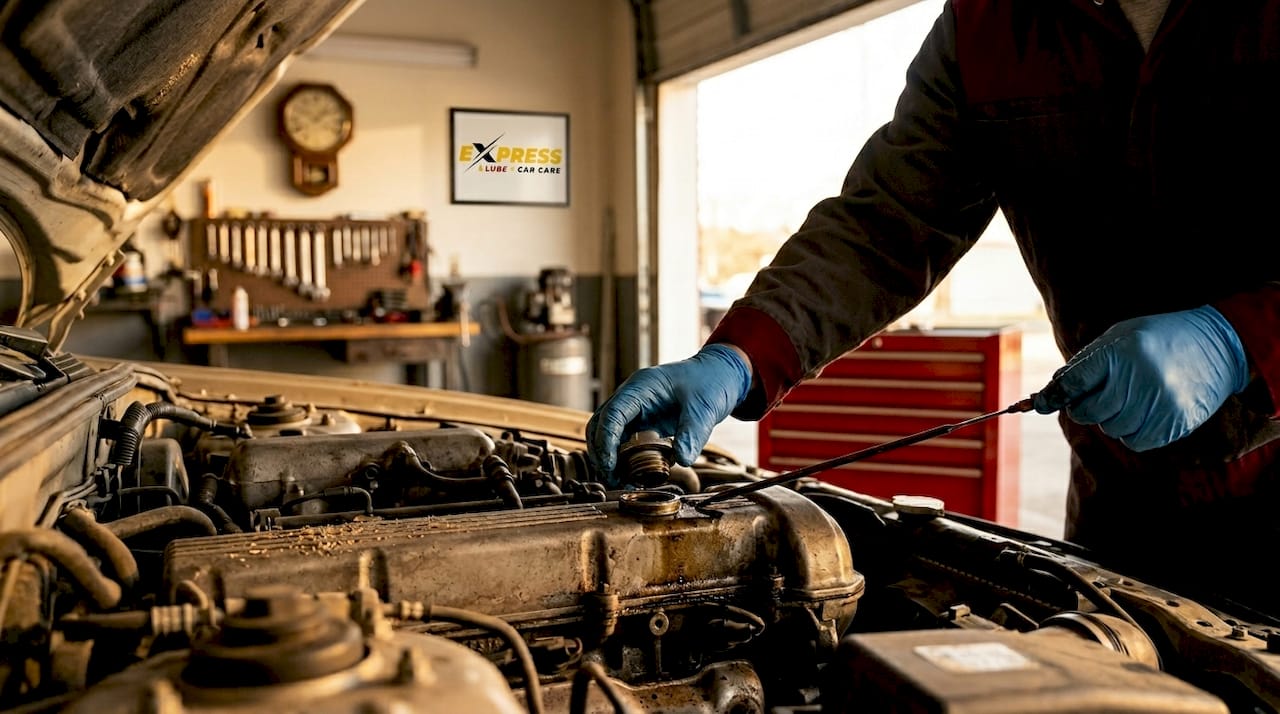 Hands checking car engine oil condition