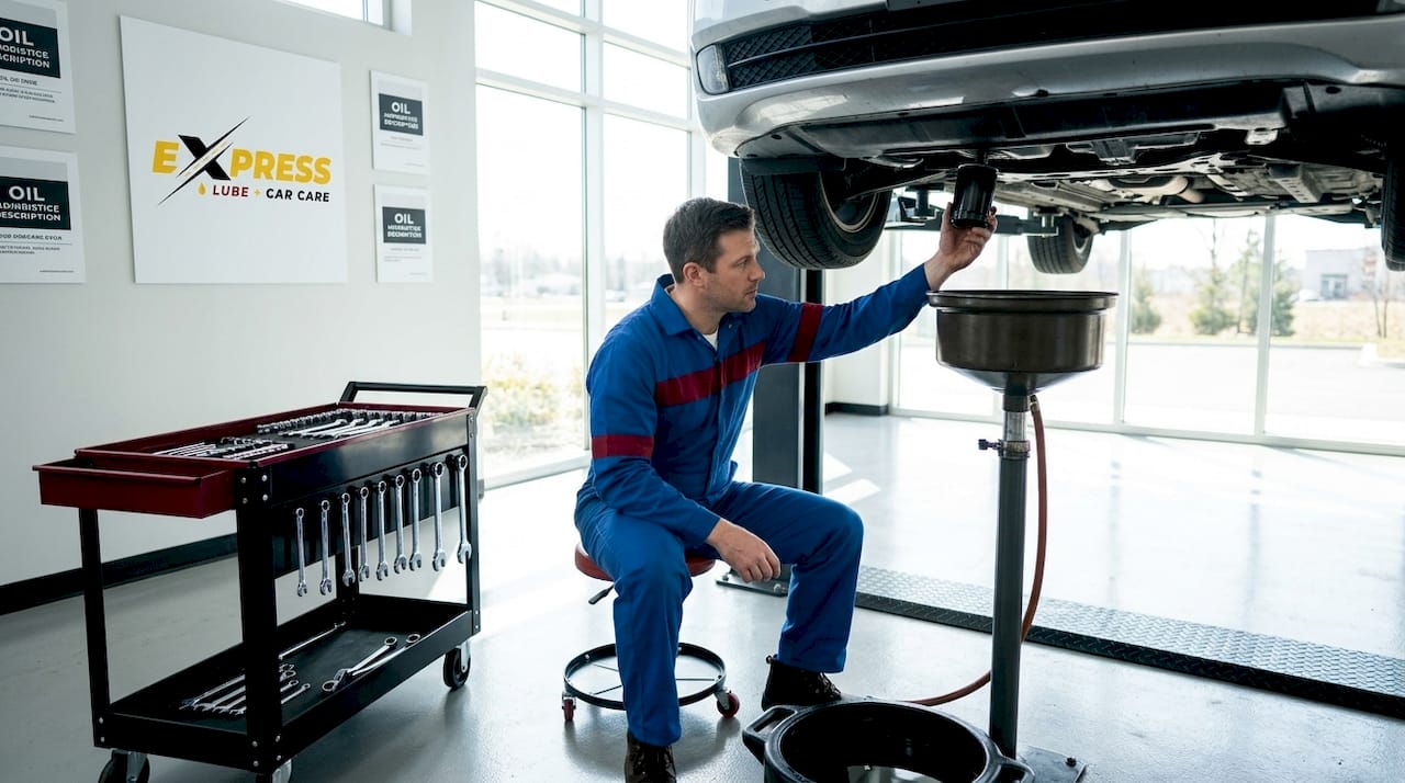 Auto technician changing oil filter in garage