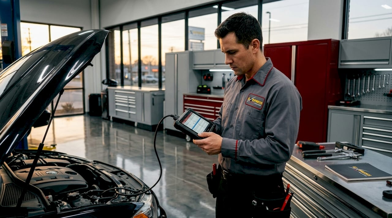 Technician running car diagnostics in service bay
