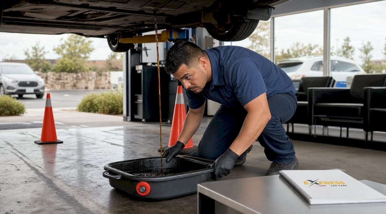 Technician draining oil during quick drive-through service