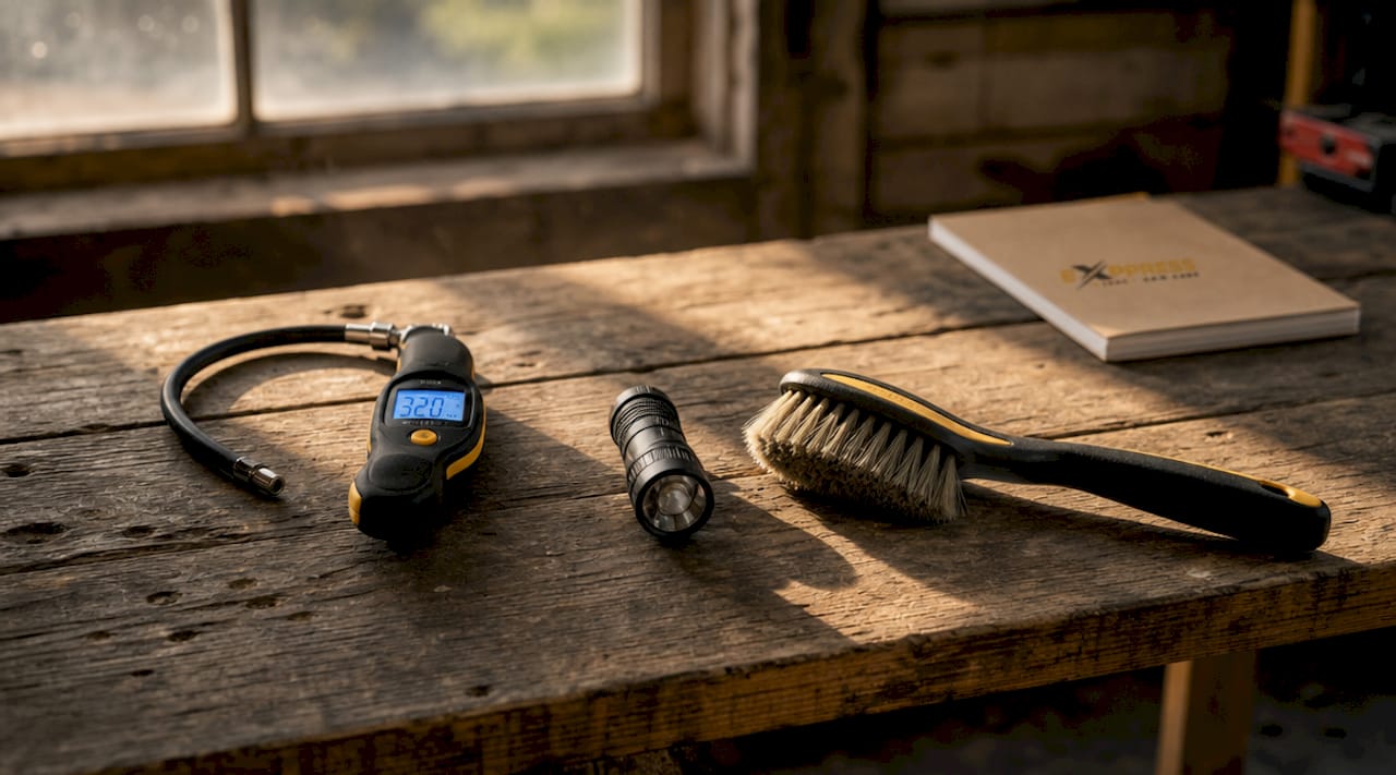 Compact car maintenance tools in trunk