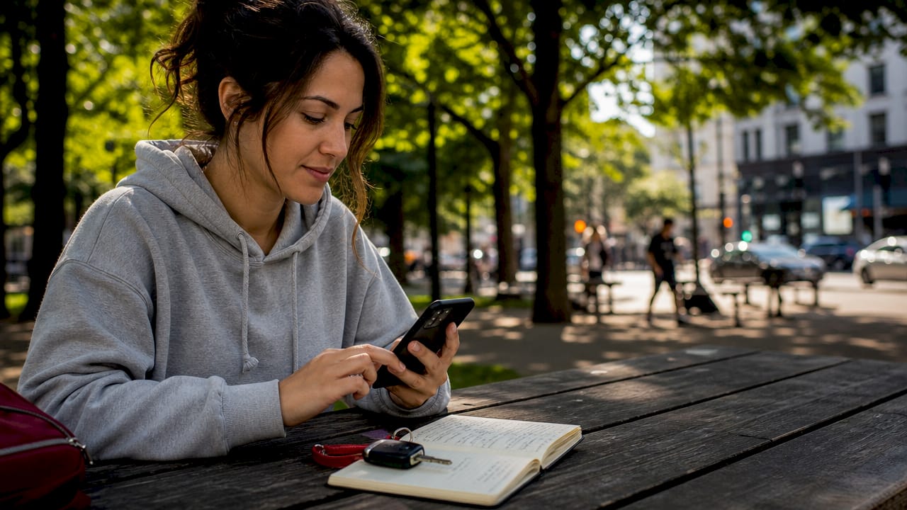 Rideshare driver tracking mileage at coffee shop