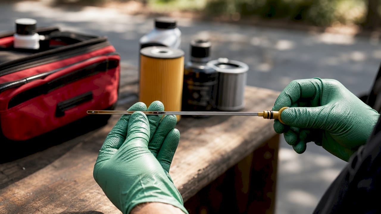 Hands holding engine oil dipstick for inspection