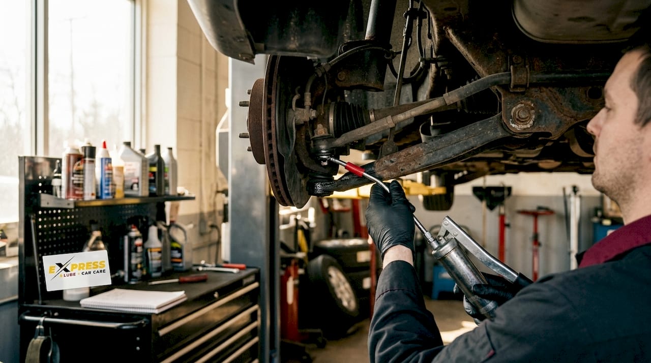 Gloved hands lubricating vehicle chassis underneath car