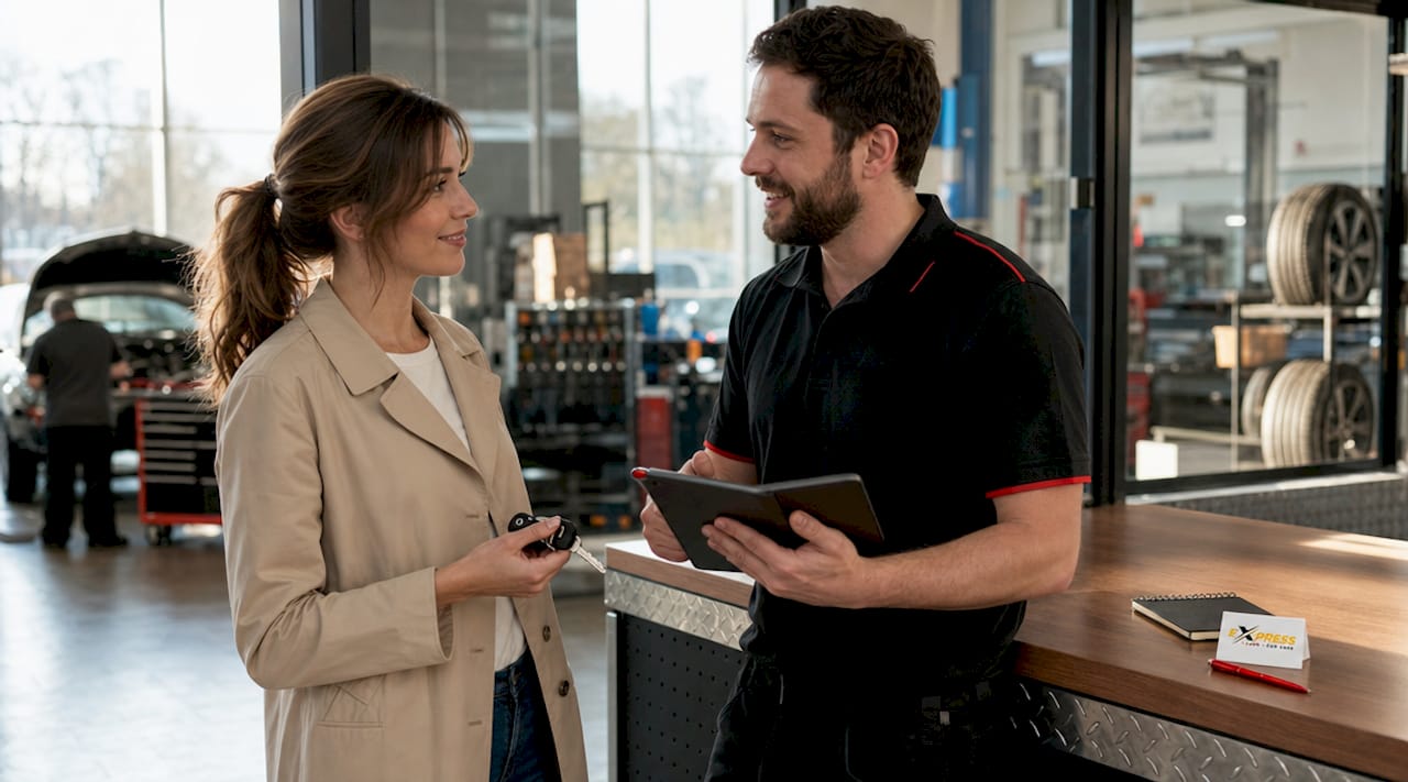 Customer speaking with technician at car care counter
