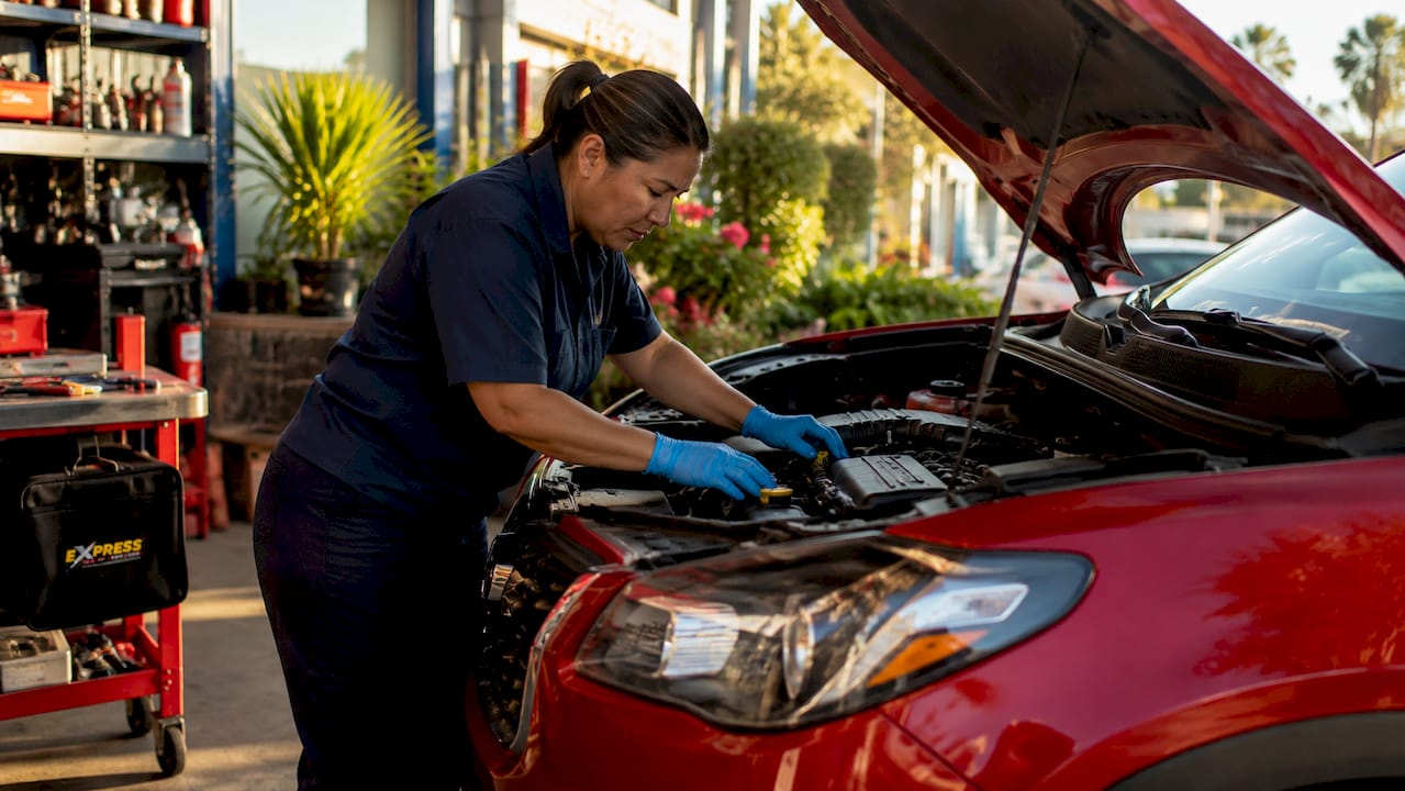 Female mechanic inspecting SUV engine compartment