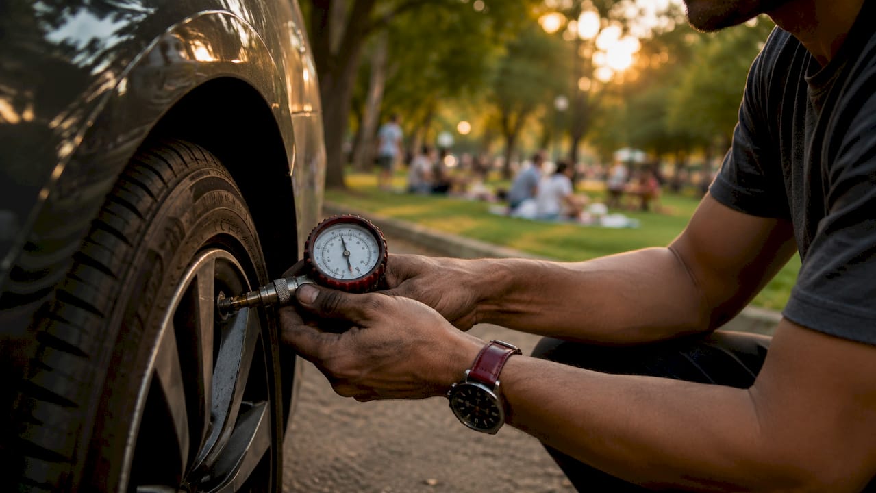 Hands measuring tire pressure with digital gauge