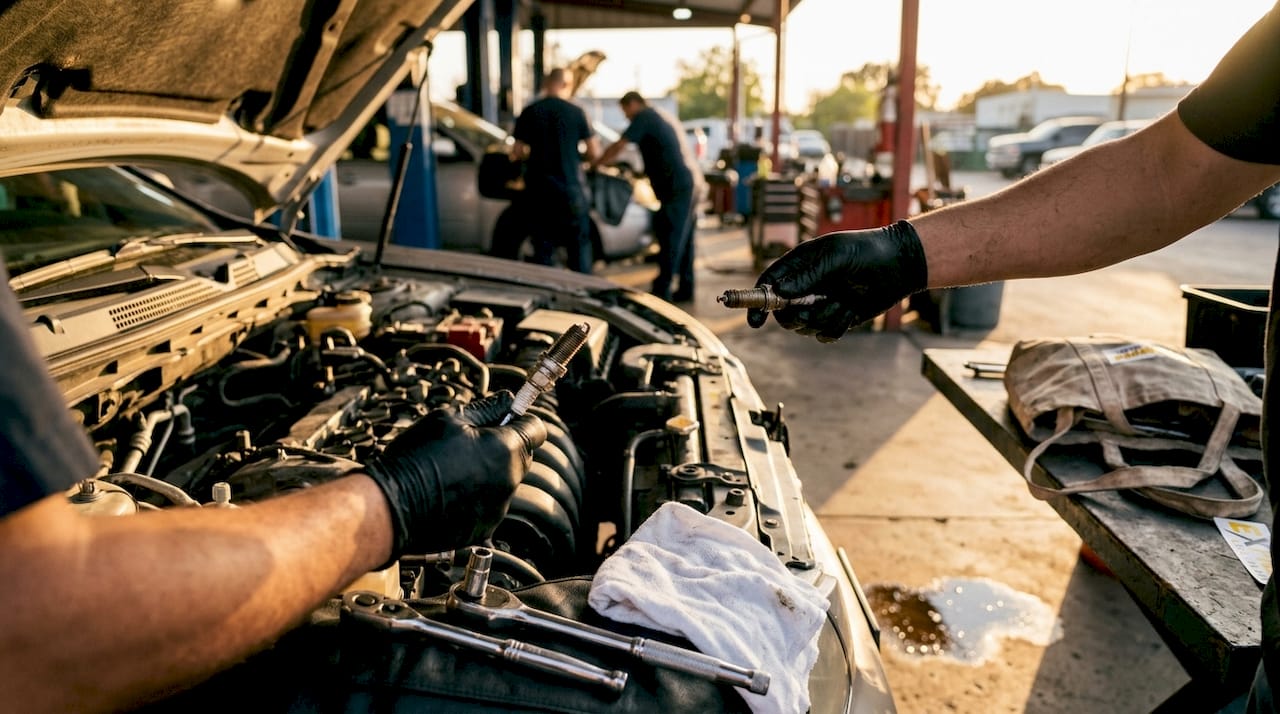 Hands removing worn spark plug from car engine