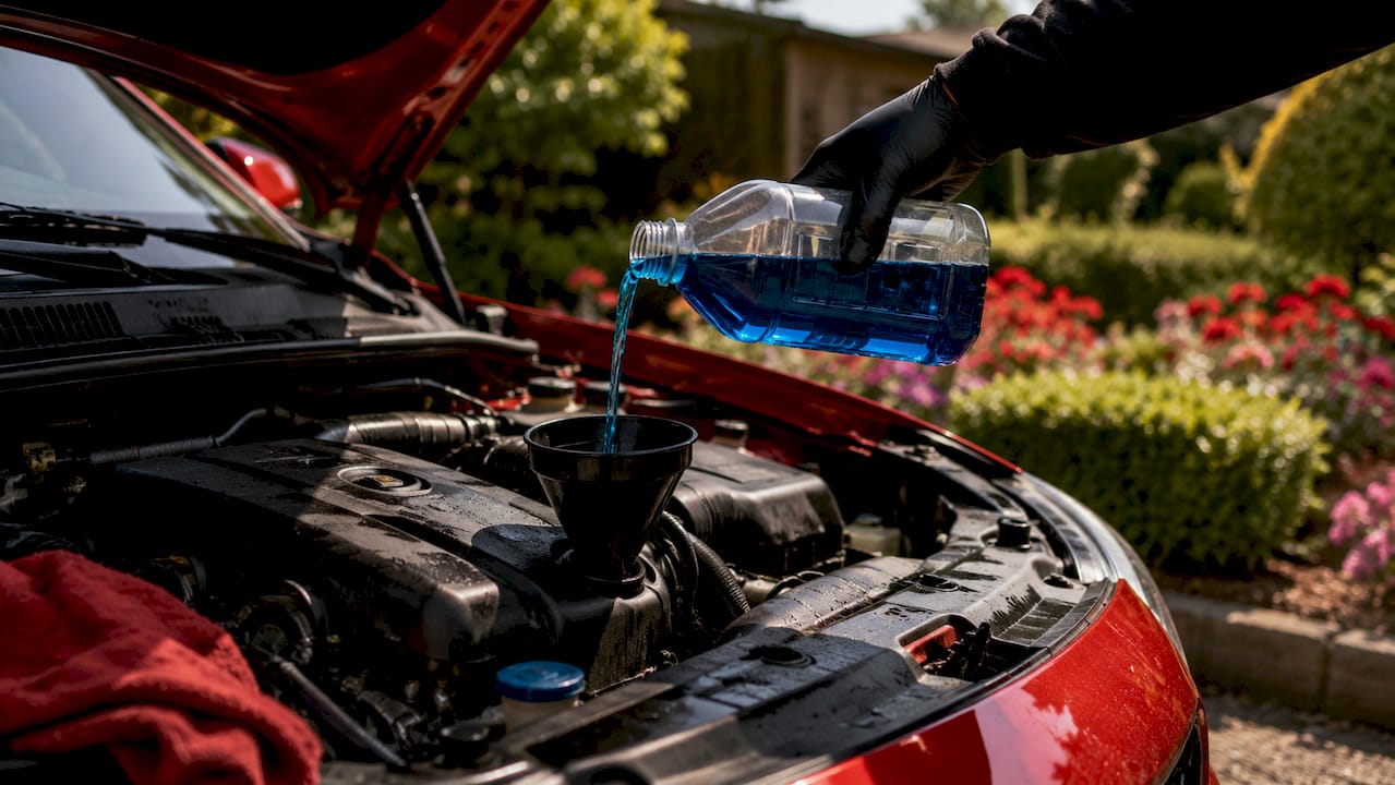 Hands pouring high-mileage engine oil into car engine