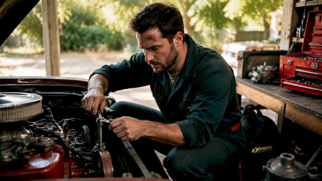 Mechanic inspecting car engine in garage
