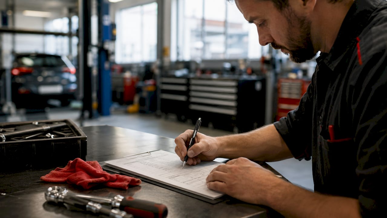 Mechanic holding detailed auto repair estimate paper