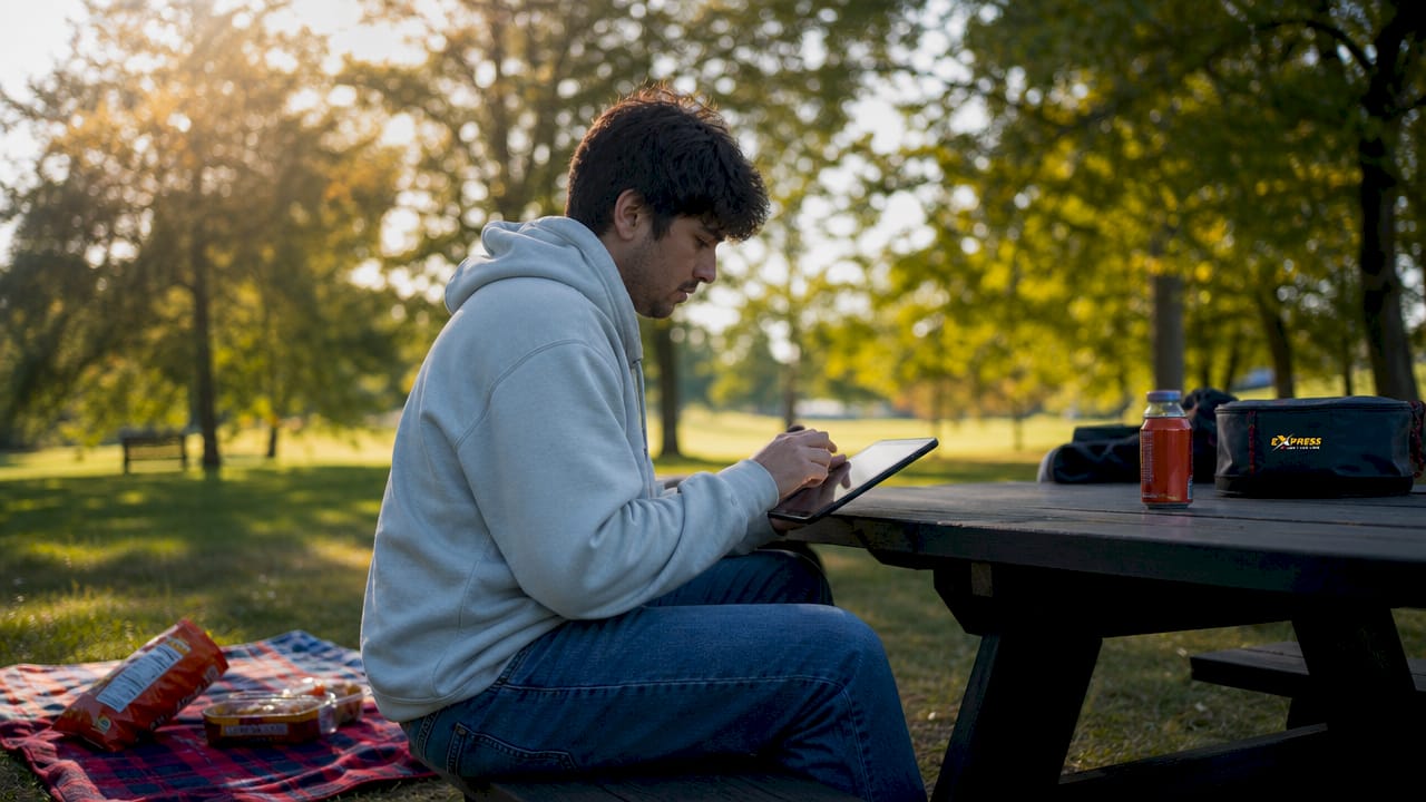 Man filtering auto shop reviews on tablet outdoors