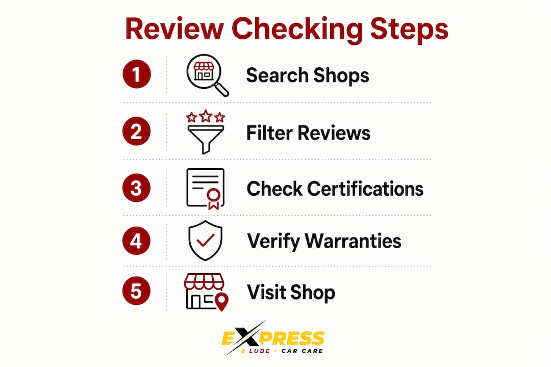 Infographic illustrating steps to check auto shop reviews