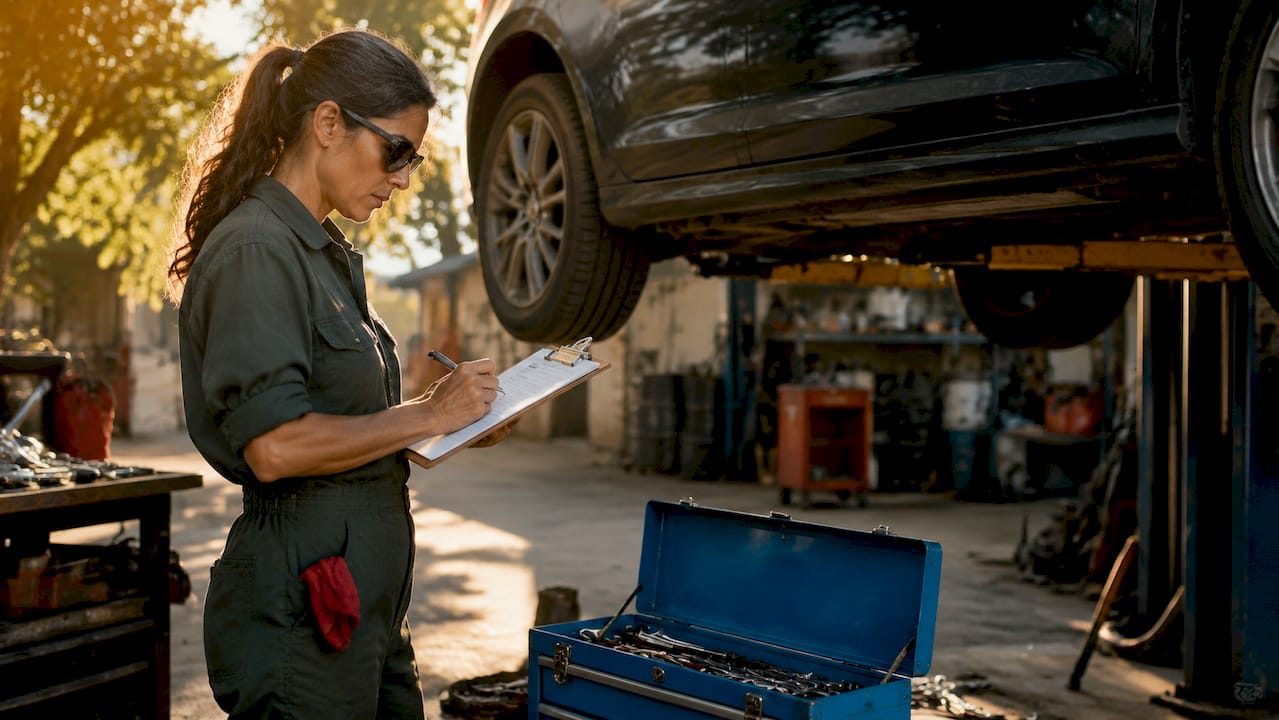 Female mechanic documenting labor hours in garage