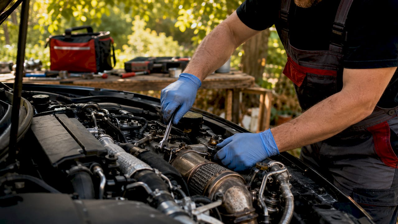 Mechanic adjusting diesel particulate filter on engine